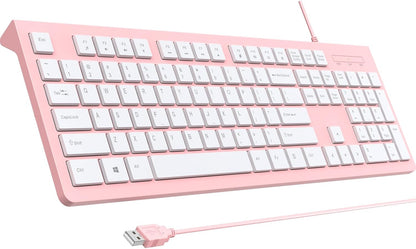 Computer Keyboard Wired, Plug Play USB Keyboard, Low Profile Chiclet Keys, Large Number Pad, Caps Indicators, Foldable Stands, Spill-Resistant, Anti-Wear Letters for PC Laptop (Pink, 1-Pack)