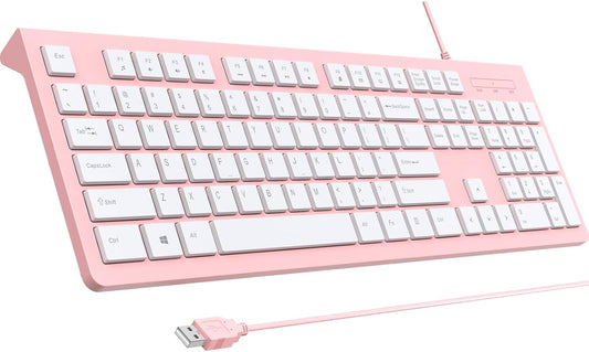 Computer Keyboard Wired, Plug Play USB Keyboard, Low Profile Chiclet Keys, Large Number Pad, Caps Indicators, Foldable Stands, Spill-Resistant, Anti-Wear Letters for PC Laptop (Pink, 1-Pack)