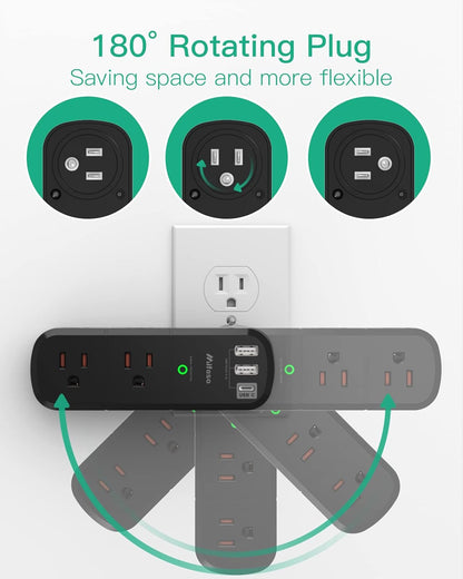 Surge Protector USB Outlet Extender with Rotating Plug, 6 AC Multi Plug Outlet and 3 USB Ports (1 USB C), 3-Sided Swivel Power Strip Outlet Splitter for Home, Dorm Room Essentials (2 Pack)