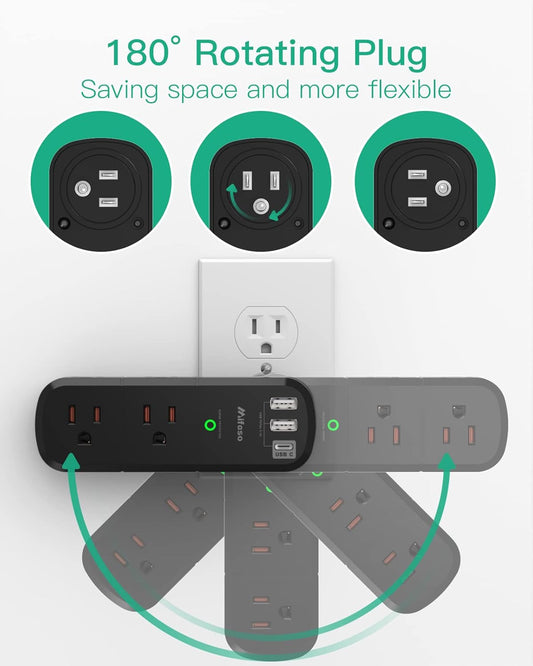Surge Protector USB Outlet Extender with Rotating Plug, 6 AC Multi Plug Outlet and 3 USB Ports (1 USB C), 3-Sided Swivel Power Strip Outlet Splitter for Home, Dorm Room Essentials (2 Pack)