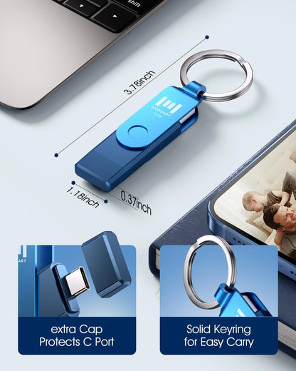 MOSDART 512GB Dual USB C Flash Drive, Speed Up to 150MB/S Type C 3.1 Thumb Drive with Keychain, for iPhone 15 and 16, Android Phone, iPad, MacBook, and Laptops, Navy Blue