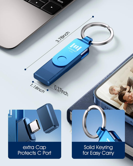 MOSDART 512GB Dual USB C Flash Drive, Speed Up to 150MB/S Type C 3.1 Thumb Drive with Keychain, for iPhone 15 and 16, Android Phone, iPad, MacBook, and Laptops, Navy Blue