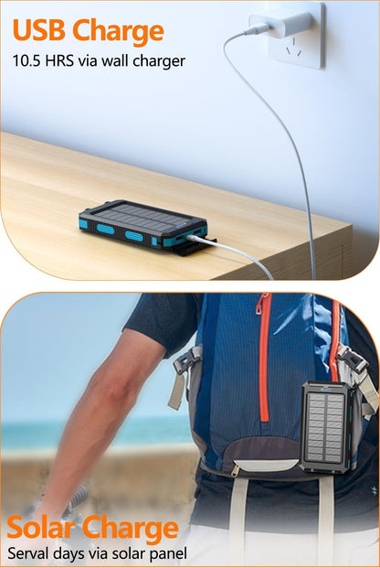 Power Bank 38800mAh Solar Portable Phone Charger with USB-C Fast Charging Battery Pack, with Compass LED Flashlight IP65 Waterproof, Compatible with iPhone, Samsung, iPad, Perfect for Outdoor, Camping