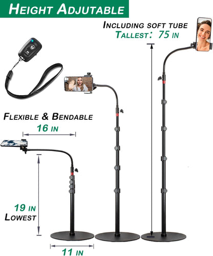 Phone Overhead Stand, Gooseneck Phone Floor Stand, Tall Video Cell Phone Mount with Height Adjustable Stand, Heavy Base, 360 Head, Works with iPhone 16, 16 Pro Max, 16 Plus, 15, 14, 13