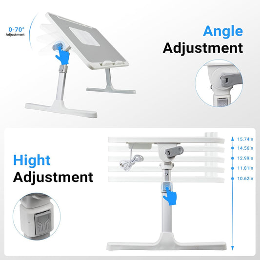 Laptop Lap Desk with Cooling Fan - Adjustable with Light, USB, Storage Drawer - Folding Bed Desk,23.62"*15.74",Grey