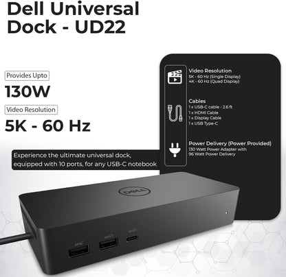 UD22 Dell Docking Station Dual Monitor Bundle - USB-C/USB-A Universal Dell Dock for Laptops with 130W Adapter + 4K HDMI Cable + 4K DisplayPort + USB-C Cable + Microfiber Cloth - Supports 4K Display