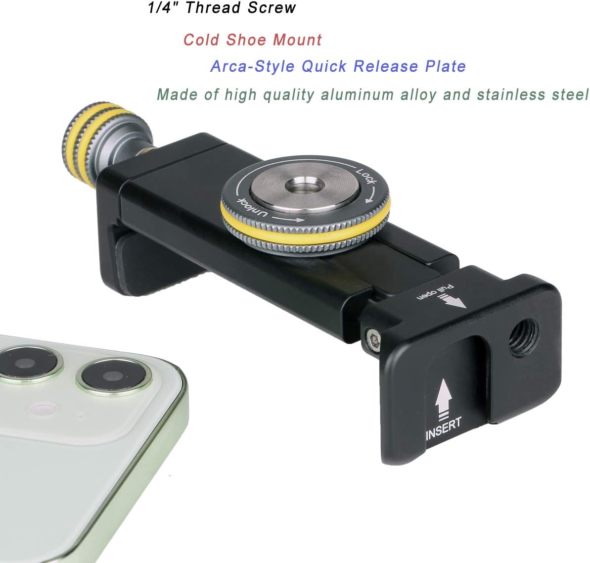 Phone Mount for Tripod, Smartphone Tripod Adapter for iPhone Samsung Cell Phone Stand Holder with Cold Shoe and Arca Swiss Quick Release Plate for iPhone 15 Pro Max Galaxy S24