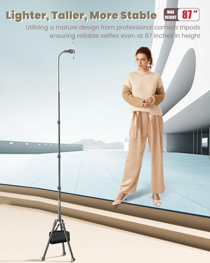 87" Phone Tripod, Overhead Flexible Tall Tripod Stand with Remote, Selfie Stick, Compatible with iPhone, 15.7" Gooseneck/Adjustable 360 Head, Gopro/Ring Light/Webcam/Video Recording/Vlogging