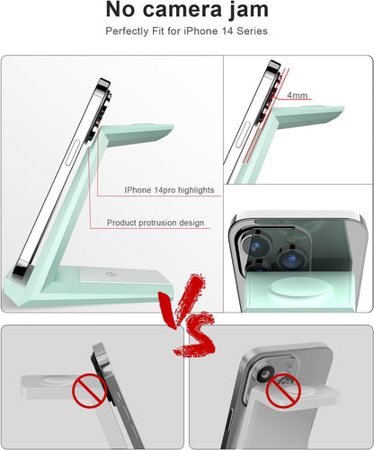 Wireless Charging Station for iPhone - ADADPU 3 in 1 Charger Stand for iPhone 16 15 14 13 12 11 Pro Max XR XS 8 Plus, Wireless Charging Dock for Apple Watch 9/8/7/SE/6/5/4/3/2, AirPods Pro/3/2 (Green)