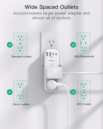 Surge Protector Outlet Extender with Rotating Plug, 6 AC Multi Plug Wall Outlets and 4 USB Ports, 1800 Joules, Swivel Power Strip Electrical Splitter for Home Decor Apartment Dorm Room Essentials