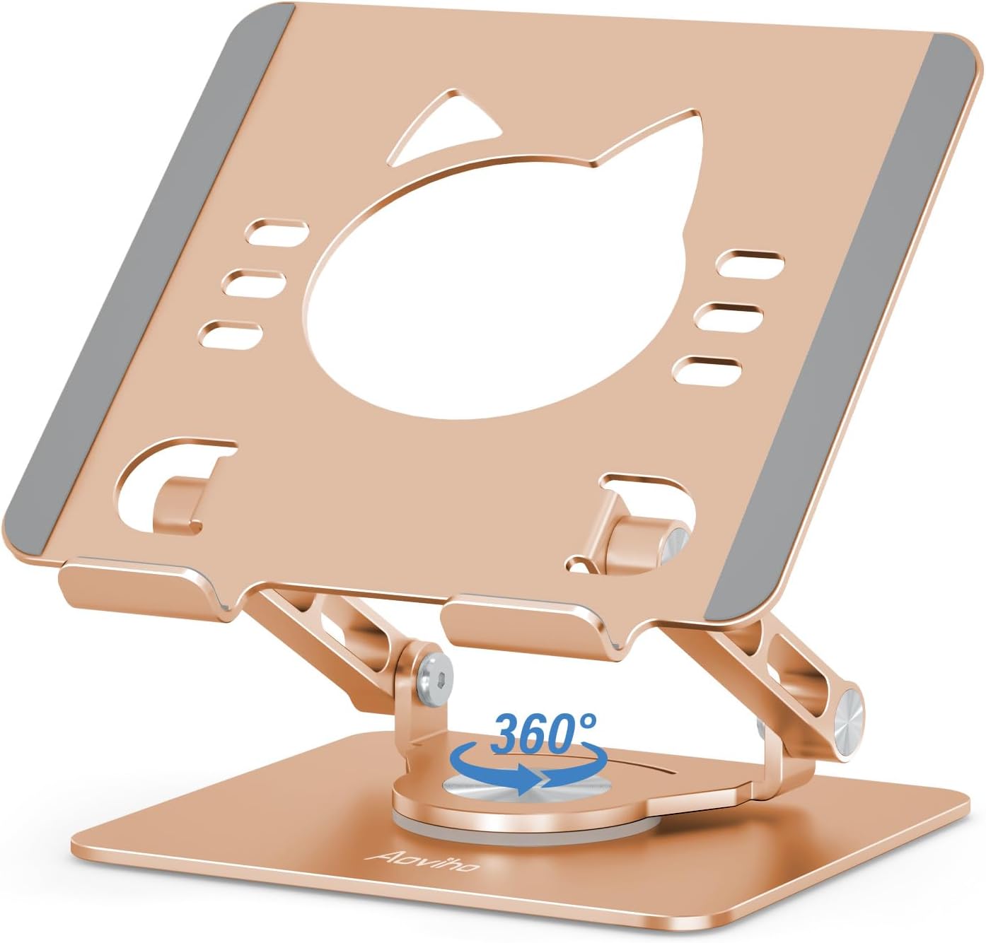 Tablet Stand 360° Rotating Aluminum Holder, Adjustable, Portable and Foldable Monitors Stand for iPads, Compatible with 4-12.9" Tablets, Golden