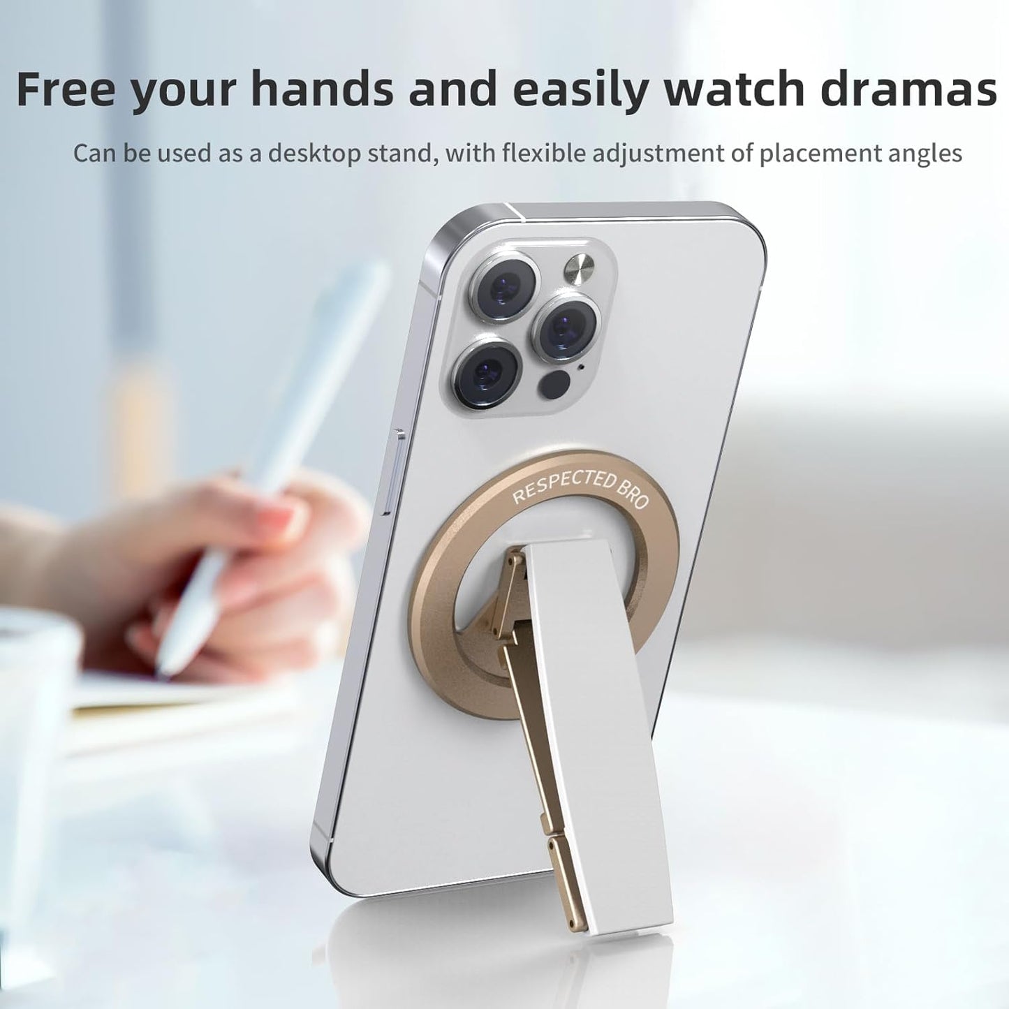 Magnetic-Phone-Grip-Stand, Magnetic Phone Ring Holder Kickstand with Silicone Finger Strap, Compatibility for iPhones, Androids, and More (White)