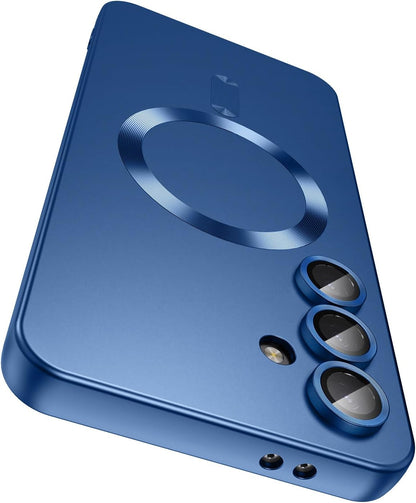 Magnetic for Samsung Galaxy S24 Plus Case [Compatible with MagSafe][Built-in Camera Lens Protector] Slim Soft Silicone Bumper Shockproof Metallic Luster Phone Case (Blue)