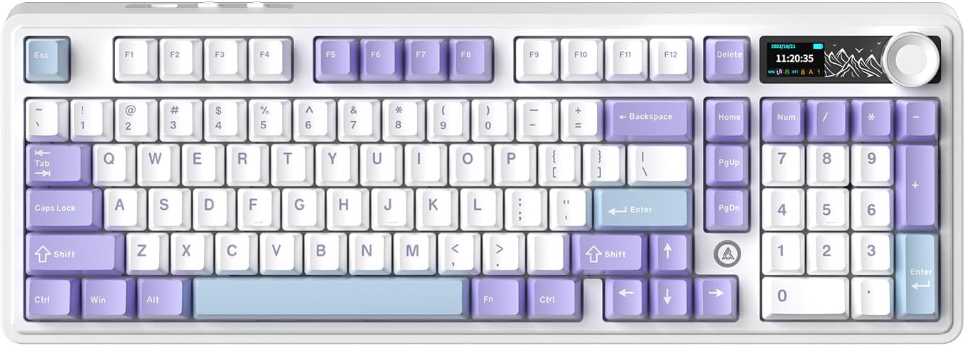 AK980 97Keys Tri-Mode Full Mechanical Keyboard, Gasket-Mounted, Hot-Swappable, 1.14” TFT Smart Display, Bluetooth 5.1/2.4G Wireless/Wired, PBT Keycaps RGB Backlit (Purple, Gift Linear Switch)