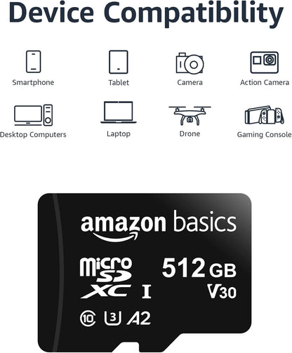Amazon Basics Micro SDXC Memory Card with Full Size Adapter, A2, U3, Read Speed up to 100 MB/s, 512 GB, Black