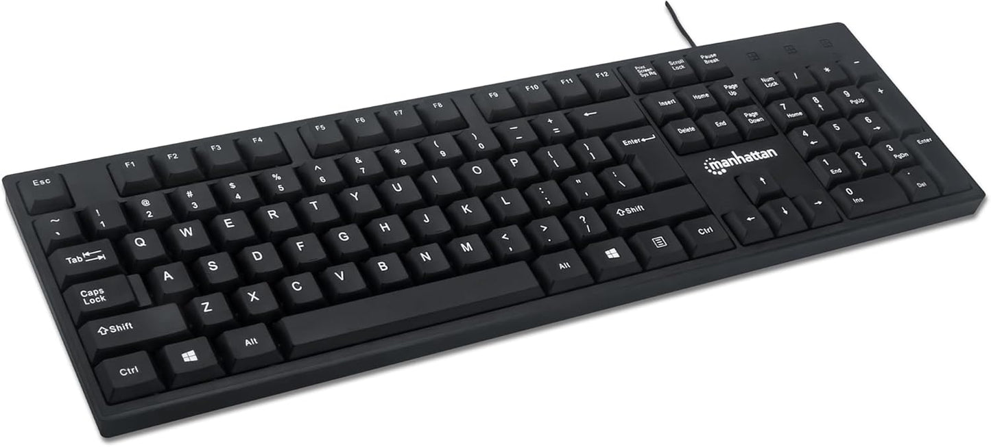 Manhattan Wired Computer Keyboard – Basic Black Keyboard - with 4.5ft USB-A Cable, 104-keys, Foldable Stands - Compatible for Windows, PC, Laptop - 3 Yr Mfg Warranty – 179324