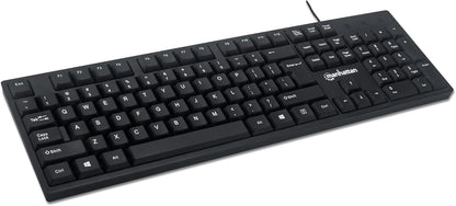 Manhattan Wired Computer Keyboard – Basic Black Keyboard - with 4.5ft USB-A Cable, 104-keys, Foldable Stands - Compatible for Windows, PC, Laptop - 3 Yr Mfg Warranty – 179324