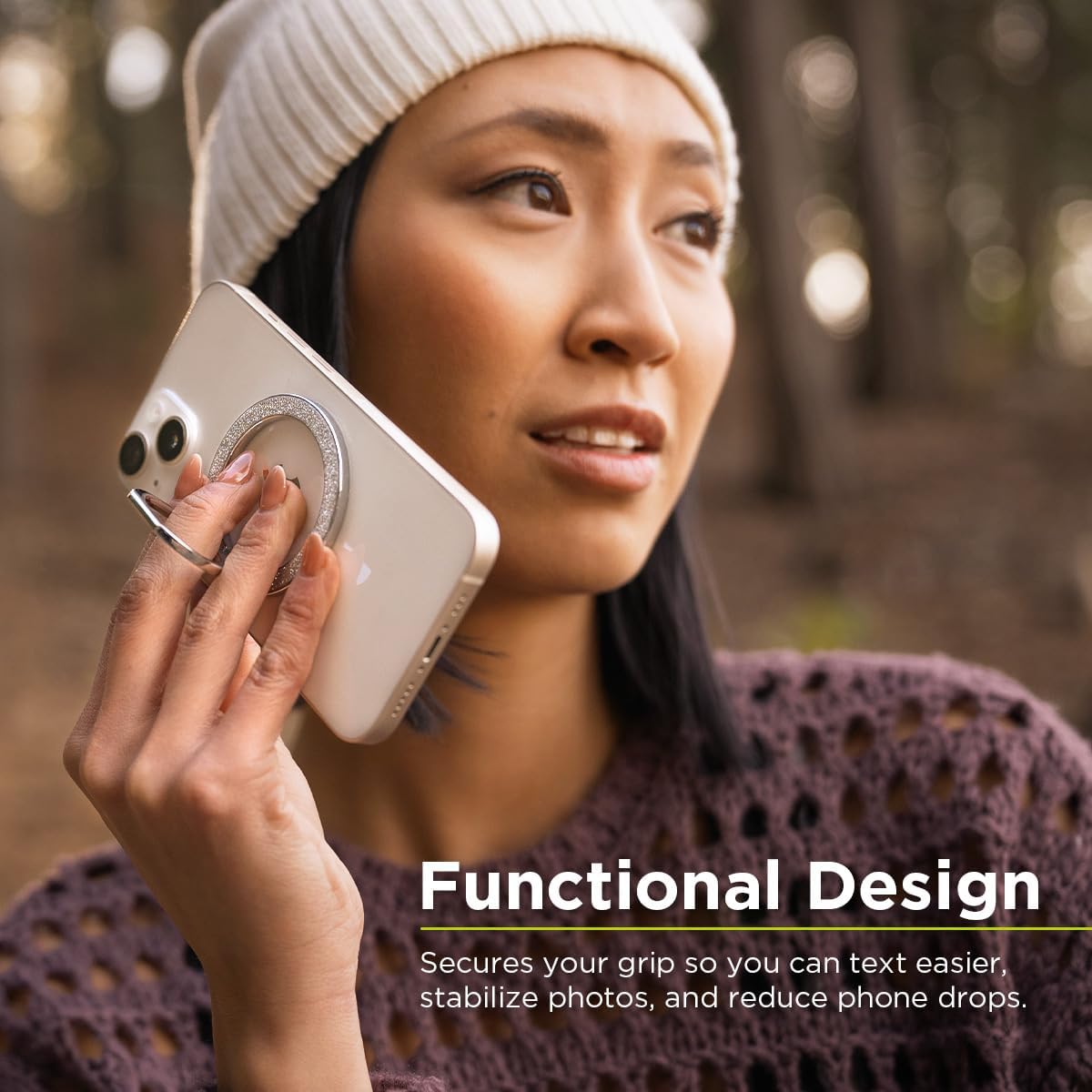 PureGear Magnetic Phone Grip Ring Stand, Magnetic Phone Ring Holder for MagSafe iPhone 16, 16 Pro, 15, 15 Plus, 14, 14 Plus, 14 Pro, 14 Pro Max, 13, 12 Adjustable Kickstand(Gold with Silver Glitter)