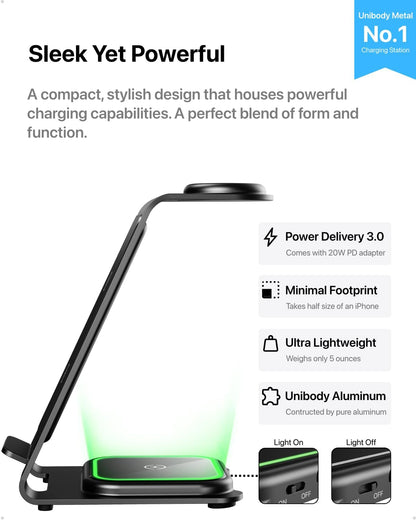 Intoval 3 in 1 Wireless Charging Station for iPhone 16 15 14 13 12 11 X Pro Max, Wireless Charger for Apple Watch 10 Ultra 3 SE 9 8 7 6 5 4 3 2, for AirPods 4 Pro Pro 2 3 (Y93, Grey)