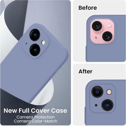 FireNova Designed for iPhone 15 Plus Case, Silicone [Camera Protection] Case with [2 Screen Protectors], Soft Anti-Scratch Microfiber Lining Inside, 6.7 inch, Lavender Gray