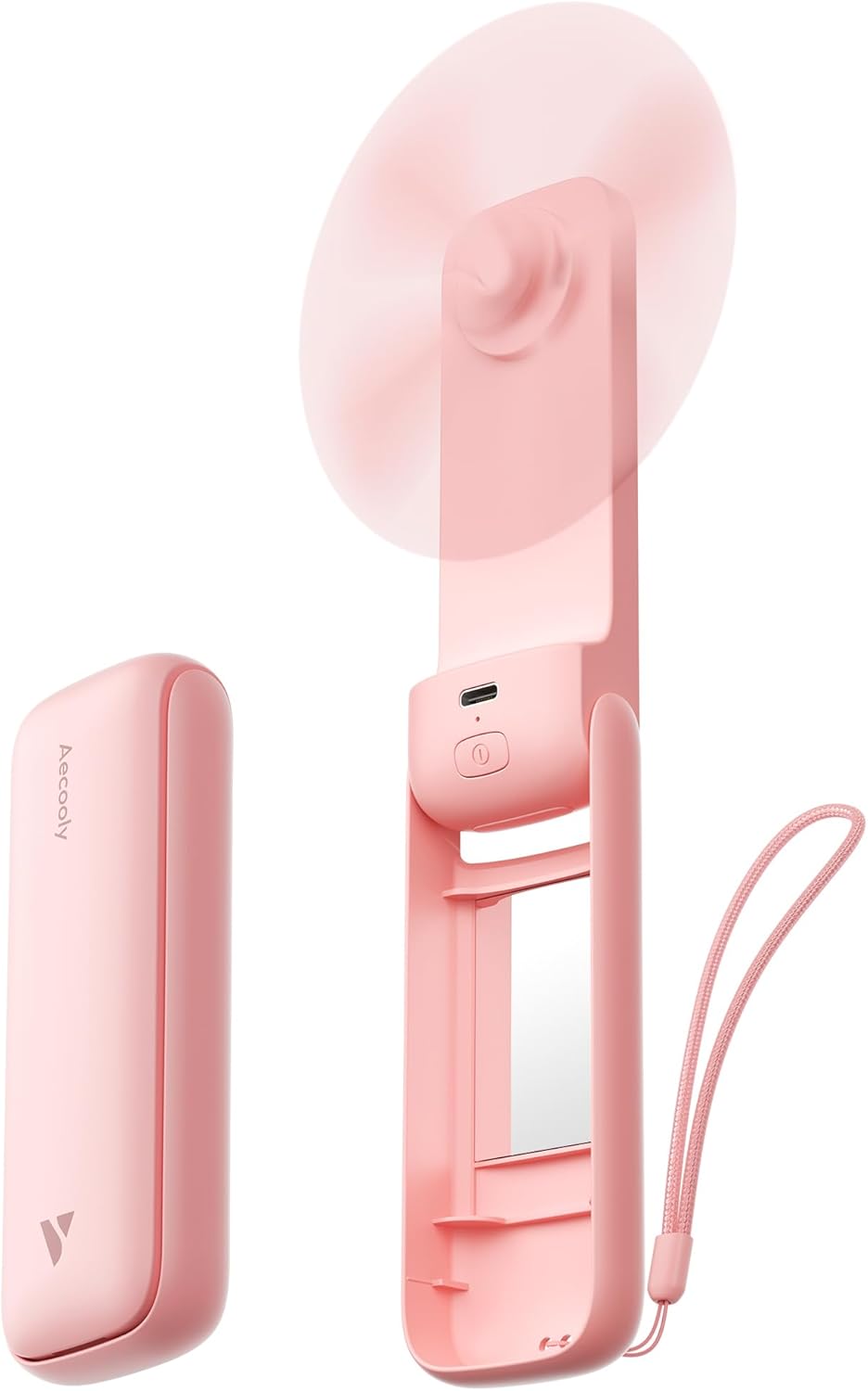 Aecooly Slim Portable Fan with Mirror, Thin Handheld Fan, USB Rechargeable Mini Personal [24H Max Cooling Time], Battery Powered Small Foldable Pocket for Travel, Lash, Makeup, Gifts for Women -Pink