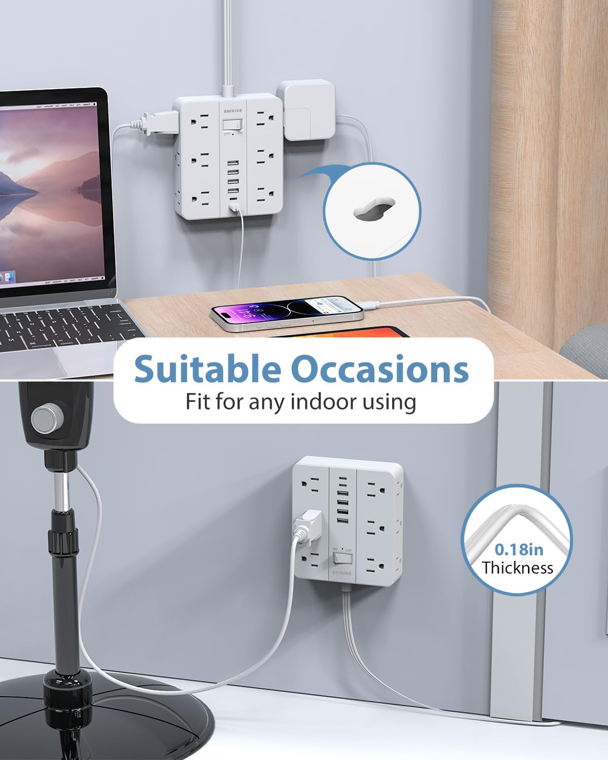 Surge Protector Power Strip 15 Ft Extension Cord, 12 Widely Spaced Outlets 6 USB (2 USB C) Ports, Ultra Thin Flat Plug Surge Protection for Home, Office, Dorm Room Essentials