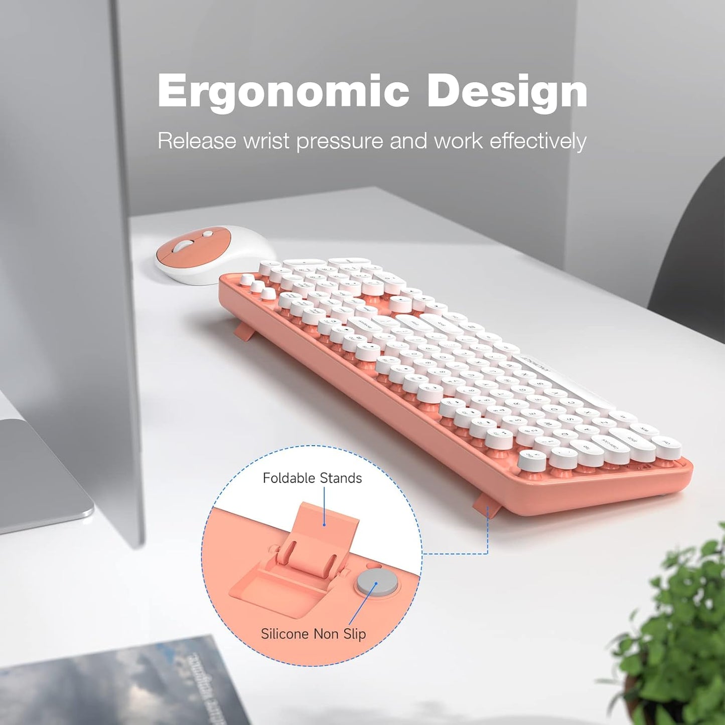 KNOWSQT Wireless Keyboard and Mouse Combo - White-Orange Full-Sized 2.4 GHz 104 Keys Typewriter Cute Keyboard, Round Keycap and Optical Mouse for Windows, Computer, PC, Laptop, Desktop