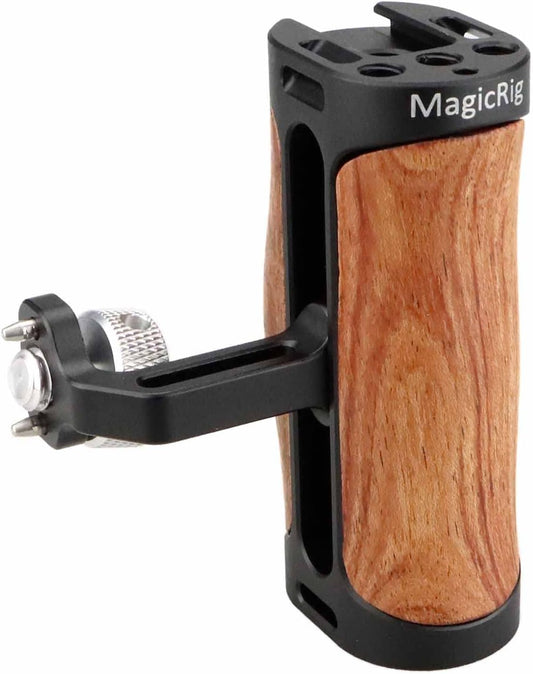 Locating Side Handle for ARRI Mount, Left/Right Mini Wooden Handgrip for DSLR Camera Cage, with Cold Shoe 1/4"-20 and 3/8"-16 ARRI Locating Threads, Up and Down Adjustable