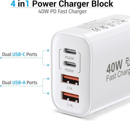 TT&C USB C Block 40W, 4 Ports Wall Plug Fast Charging Block, PD+QC Multiport Power Adapter USB C Charger Type C for iPhone 16,15,14,13,12,11, Pro Max, X, Xr, Xs, 8, Watch, Galaxy Phones (White 2Pack)
