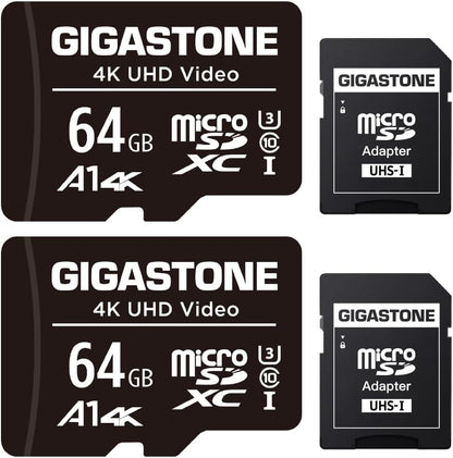 GIGASTONE 64GB Micro SD Card 2-Pack, A1 V30 4K Video Recording, Surveillance Security Cam Action Camera Drone Professional, 90MB/s Micro SDXC UHS-I U3 Class 10