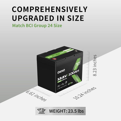 OKMO 12V 100Ah LiFePO4 Battery,Group 24 Lithium Battery 100A BMS，10 Years Lifetime 15000+ Deep Cycles,for Marine, RV, Trolling Motor, Boat, Camper, Solar Home Storage Iron Phosphate Battery