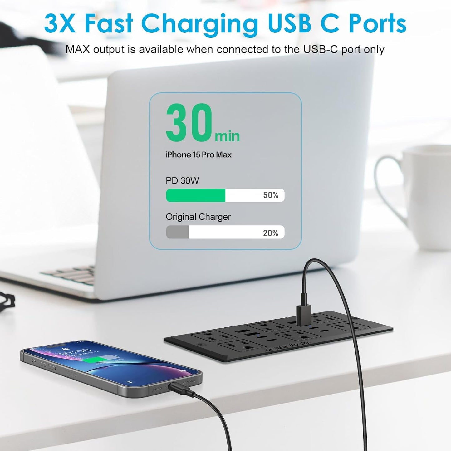 Recessed Power Strip, 30W PD USB-C & USB-A Fast Charging, Drawer Outlet Plug in 6 Outlets & 8 USB Ports, Furniture Flush Mount Desk Outlets for Conference Table, 10FT Cord Black