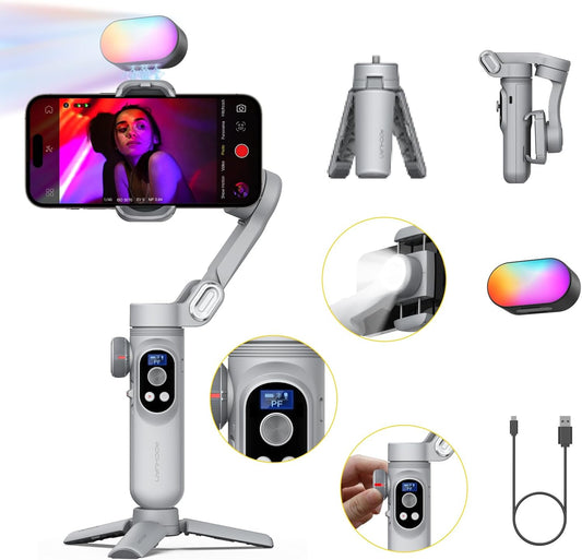 iPhone Gimbal, 3-Axis Gimbal Stabilizer for Smartphone w/RGB Magnetic Fill Light Portable with Fous/Zoom Wheel for Vlog, Compatible with iPhone 15 Pro Max/Android-Smart X Pro Kit Gray