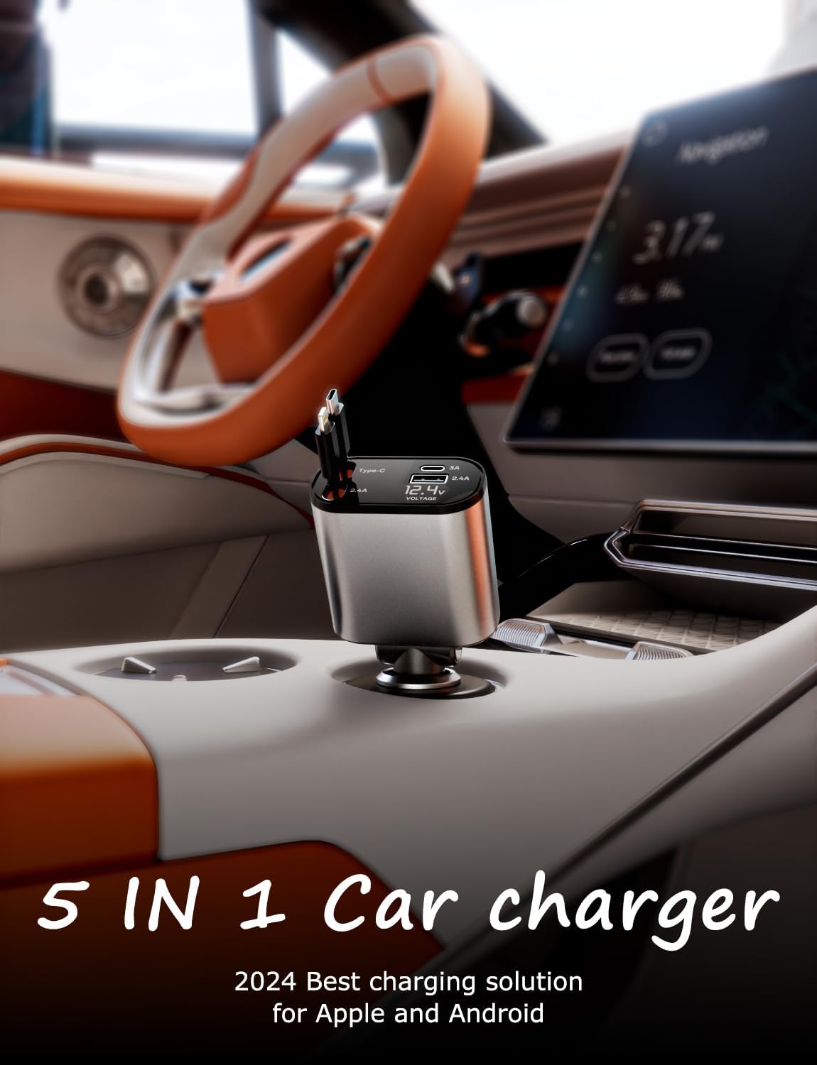 Retractable Car Charger with Dual Retractable Cords, Type-C Cable Fast Charging Up to 100W, 4 in 1 Fast Car Phone Charger with Voltage Display for iPhone 16/15/14/13/12 Pro Max,iPad,Samsung