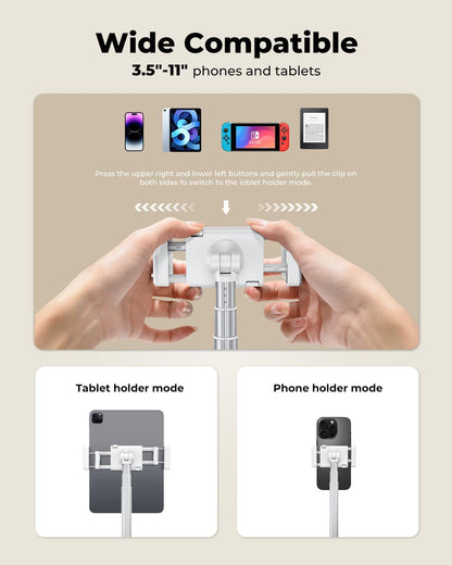 Extended Tablet Floor Stand, 360 Rotating Adjustable iPad Floor Holder with Long Flexible Arm, Compatible with 4-13" Devices, Stand for Bedside, Sofaside, Table, Desk (White)