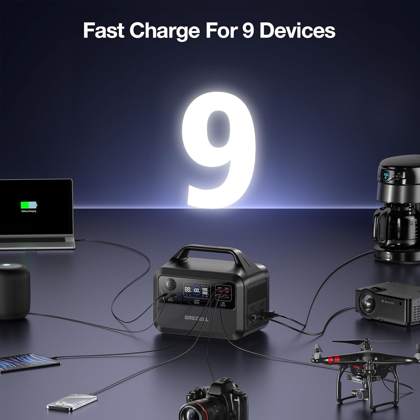 GRECELL Portable Power Station 600W(Peak 1200W), 460Wh LiFePO4 Battery, 1.5hrs Fast Charging, 110V Pure Sine Wave AC Outlet Backup Lithium Battery for Outdoors Camping Travel Hunting Home Blackout