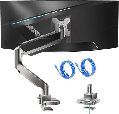 WALI Ultrawide Monitor Arm for 13 to 49 Inch Heavy Duty Curved Screens, Adjustable Gas Spring Single Monitor Desk Mount with 2 USB 3.0 Ports, Holds 33 lbs, 75x75/100x100 VESA, Silver (GSMU001)