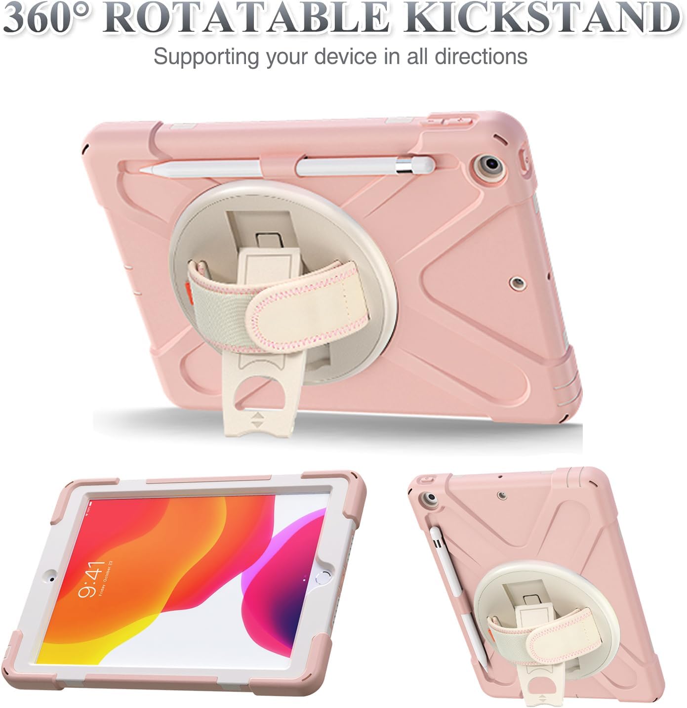 ZenRich Shockproof Case for iPad 9th/8th/7th Generation 10.2 inch 2021/2020/2019, Heavy Duty Rugged Case with Pencil Holder/360° Rotating Kickstand/Handle/Carrying Strap, SakuraPink