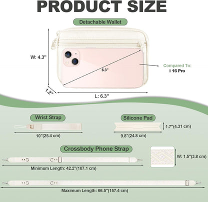 Clip and Go Strap for Phone with Wallet Crossbody, Adjustable Phone Lanyard with Detachable RFID Wristlet Wallet, Pattern Strap, Cream (M)