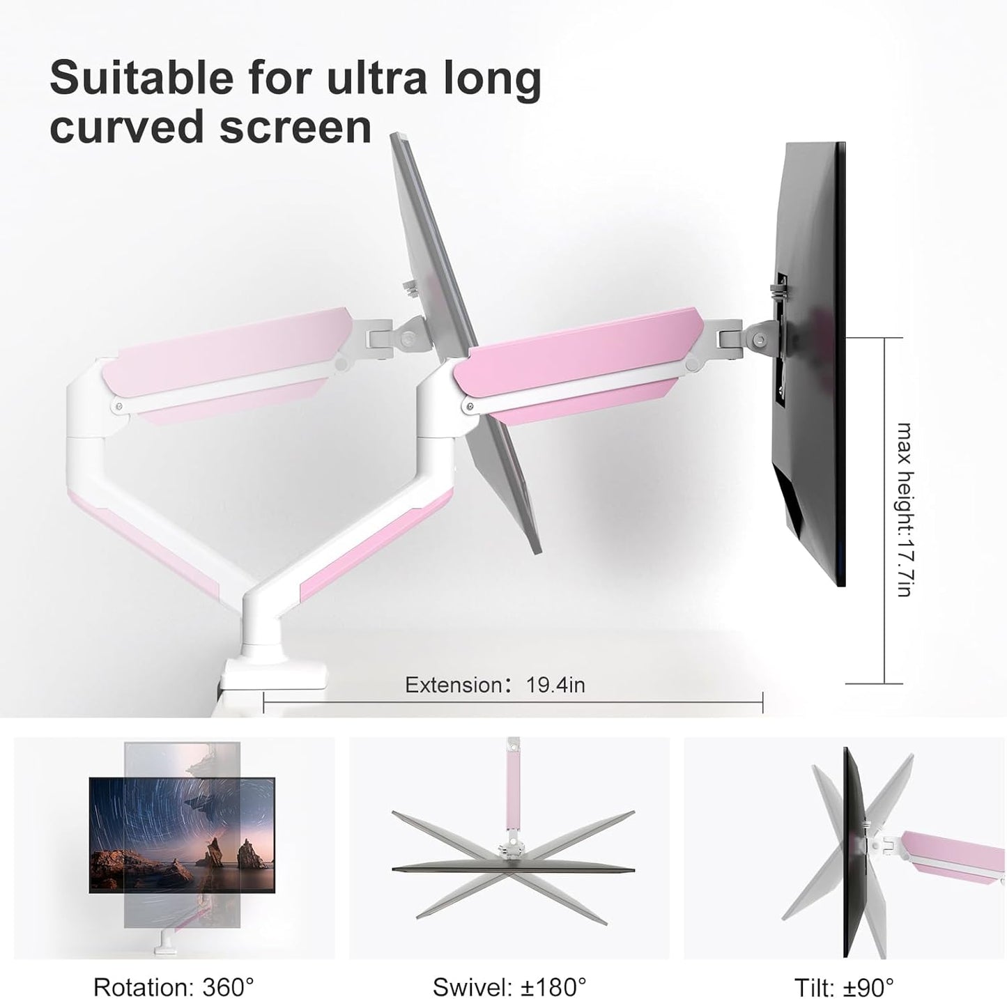 PHOLITEN Single Monitor Arm Fits 13-32 inch,4.4-19.8lbs Screen, Fully Adjustable Gas Spring Arm, Computer Monitor Stand with VESA 75 * 75mm/100 * 100mm Mount,White & Pink