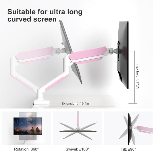 PHOLITEN Single Monitor Arm Fits 13-32 inch,4.4-19.8lbs Screen, Fully Adjustable Gas Spring Arm, Computer Monitor Stand with VESA 75 * 75mm/100 * 100mm Mount,White & Pink