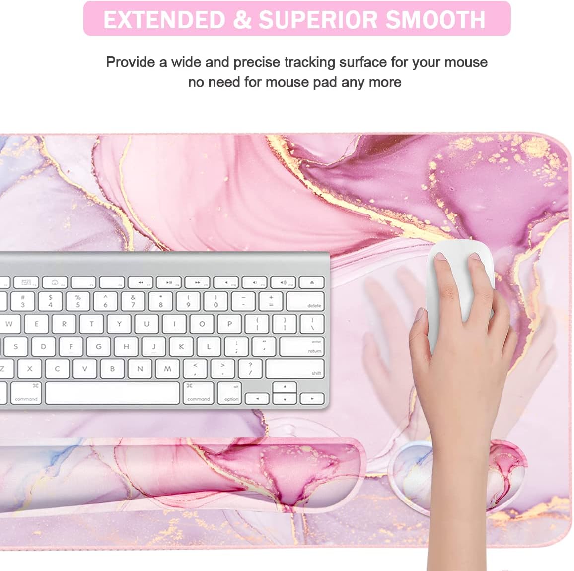 Large Mouse Pad and Keyboard Wrist Rest, Desk Pad for Keyboard and Mouse, 4-in-1 Large Gaming Mouse Pad with Wrist Support, Non-Slip Desk Mat for Home Office Study Game-Pink Marble