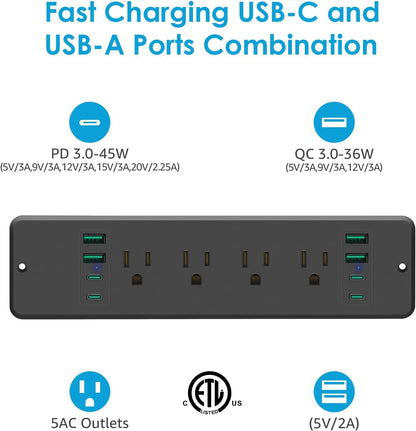 HHSOET 16 in 1 Recessed Power Strip Flat Plug, 45W Fast Charging Furniture Outlet with USB, Conference Recessed Surge Protection with 8 AC Plugs, 4 USB Ports 4 USB-C, 6ft Power Cord.(Black)