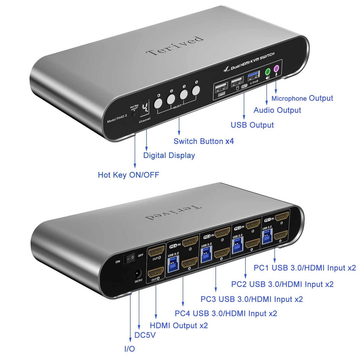 4 Computers 2 Monitors USB 3.0 HDMI KVM Switch 4K@60Hz with Hotkey Switching, Automatic Switching 4 Port Dual Monitor, Aluminum, Digital Display, USB 3.0 Audio/Mic, EDID, HDR10 with Cables
