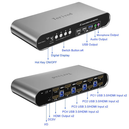 4 Computers 2 Monitors USB 3.0 HDMI KVM Switch 4K@60Hz with Hotkey Switching, Automatic Switching 4 Port Dual Monitor, Aluminum, Digital Display, USB 3.0 Audio/Mic, EDID, HDR10 with Cables
