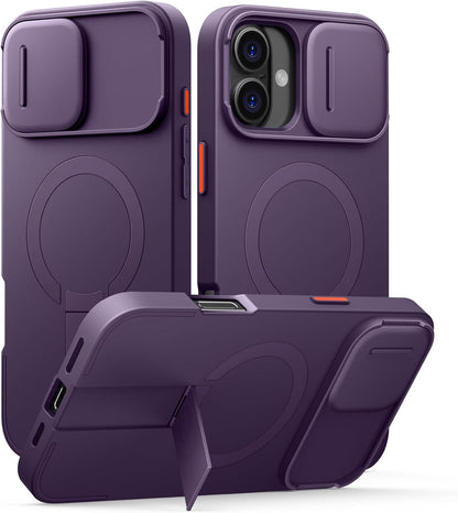 SURITCH for iPhone 16 Plus Case with Magnetic Camera Slide Cover and Adjustable Kickstand, Compatible with MagSafe, Shockproof Bumper Case Slim Protective Cover for iPhone 16 Plus 6.7 Inch,Dark Purple