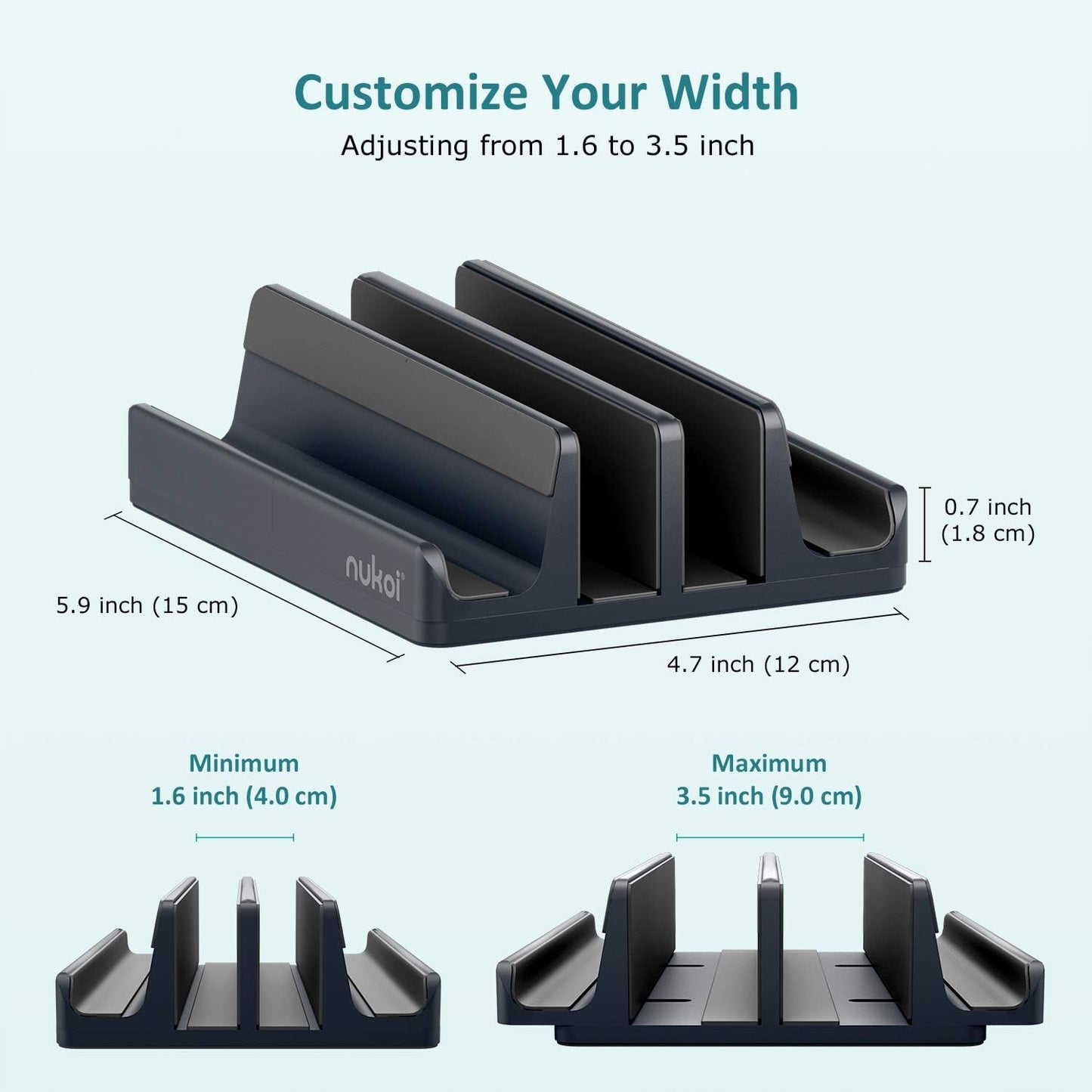 Vertical Laptop Stand - SPACEMax Adjustable GRIPLock Anti-Tip Silicone 4 Slots Aluminum Desktop Holder - Double Dock Stand - 2 Phone Slots Fits Up to 17.3” Laptops, Tablets, Phones - Gray