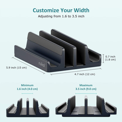 Vertical Laptop Stand - SPACEMax Adjustable GRIPLock Anti-Tip Silicone 4 Slots Aluminum Desktop Holder - Double Dock Stand - 2 Phone Slots Fits Up to 17.3” Laptops, Tablets, Phones - Gray