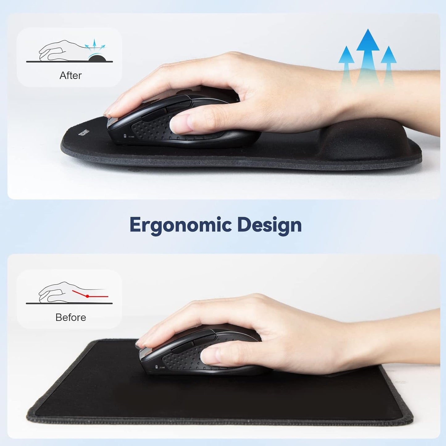 TECKNET 3 Pack Mouse Pad with Wrist Support, Ergonomic Gaming Mouse Pad Pain Relief, Portable Comfortable Mousepad for Computer, Laptop, Office, Home Non-Slip Base, Waterproof Surface - Black