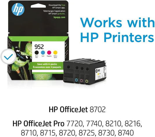 Original HP 952 Black, Cyan, Magenta, Yellow Ink Cartridges (4 Count -pack of 1) |Works with HP OfficeJet 8702,OfficeJet Pro 7720,7740,8210,8710,8720,8730, 8740 Series|Eligible for Instant Ink|X4E07AN